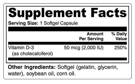 VITAMIN D3 - 2,000 IU - Cholecalciferol - 100 Softgels