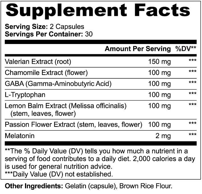 SLEEP FORMULA - Calming Herbs, GABA, L-Tryptophan and Melatonin - 60 Capsules