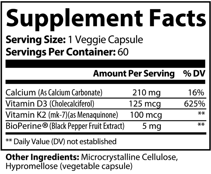 VITAMIN D3 + K2 - with Calcium and BioPerine® - 60 Capsules