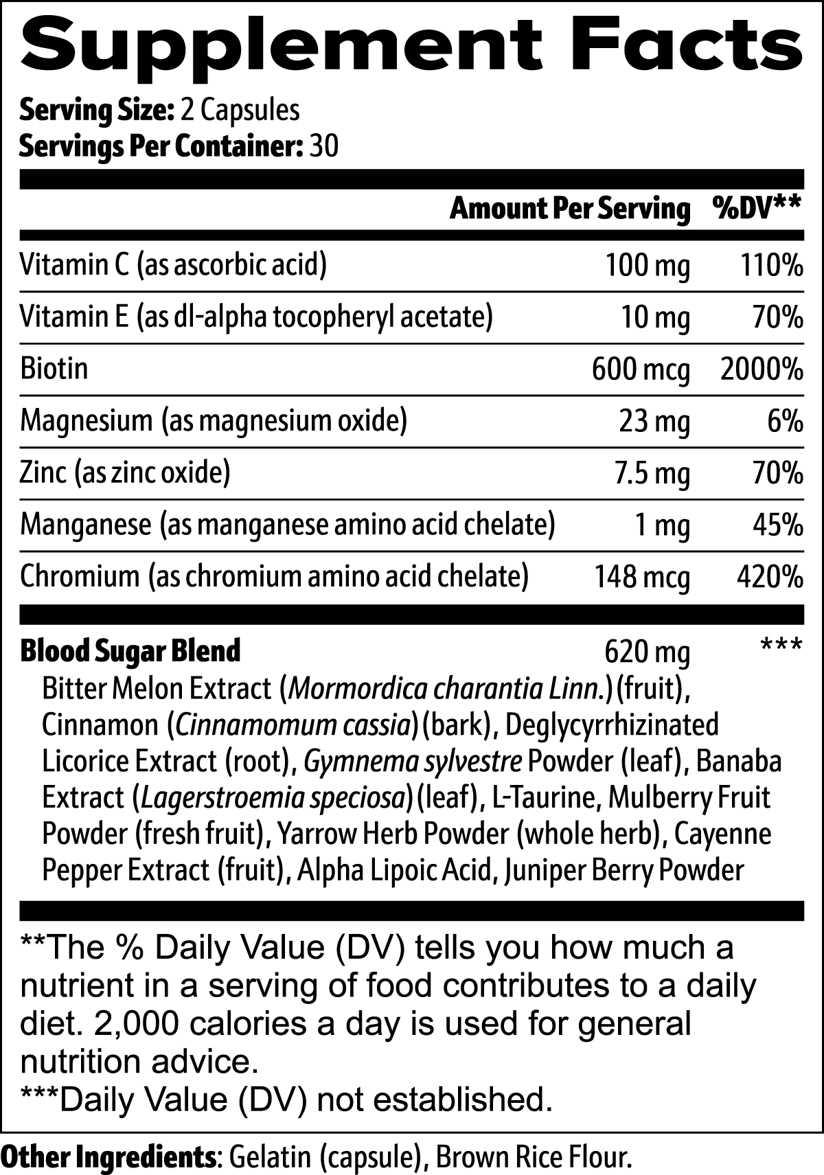 BLOOD SUGAR SUPPORT - Vitamins, Minerals & Herbs - 60 Capsules